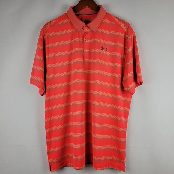 Under Armour Golf Polo Mens XL Neon Orange Stripe UA Tech Performance Shirt - Picture 2 of 11